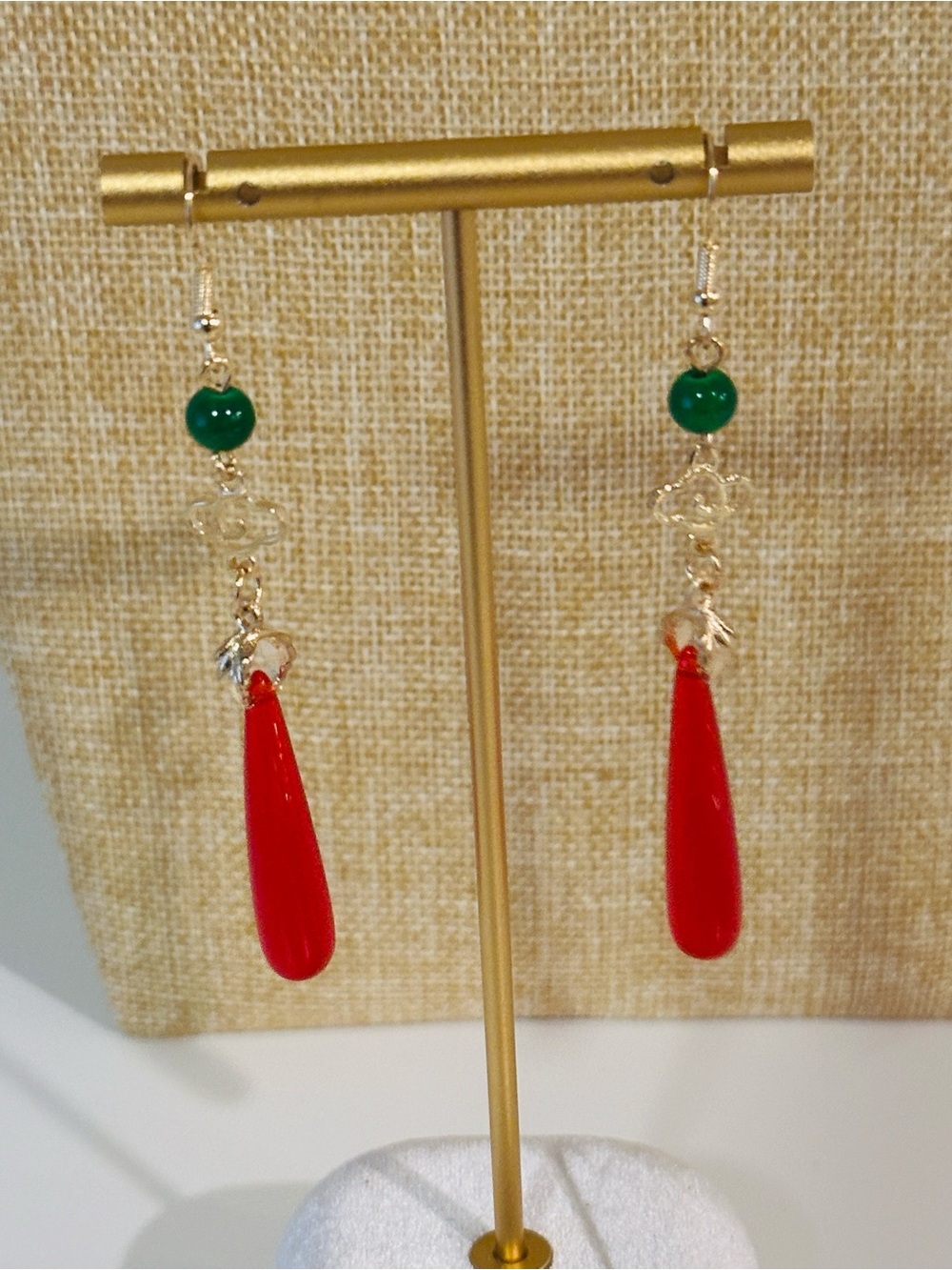 Fashion Jewelry Gold-Tone Red Teardrop Earrings with Green Bead Accents